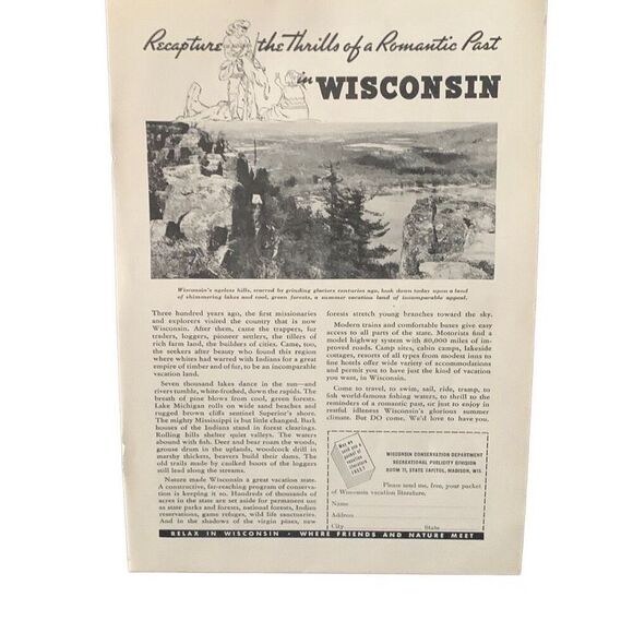 Vintage 1937 Wisconsin The Thrills of A Romantic Past Ad Advertisement - Picture 3 of 4